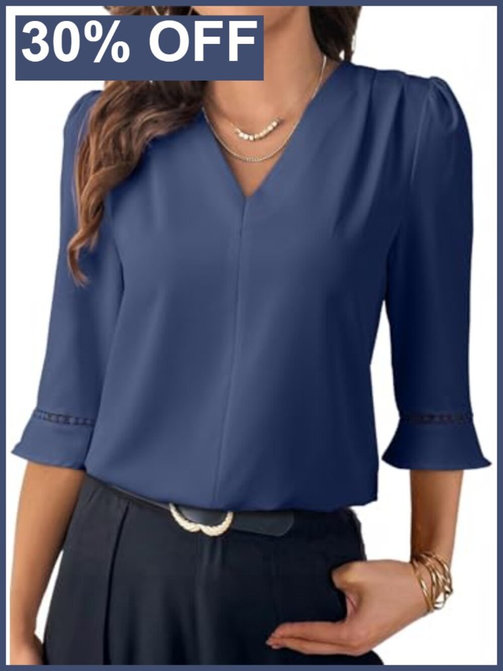 Pleated V Neck Blouse 3/4 Sleeve Ruffle Cuff Dressy Casual Work Top
